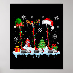 Three Elf Santa Reindeer Hockey Equipments Xmas Pl Poster