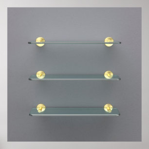 Three empty glass shelves with golden brackets on  poster