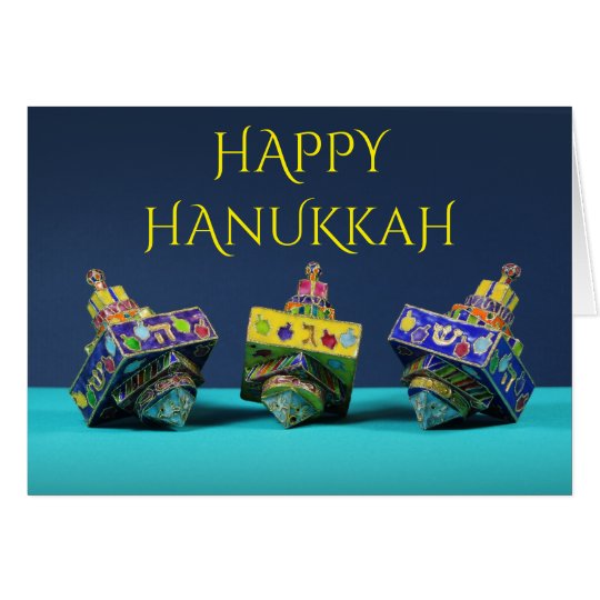 Three enameled dreidels Hanukkah card
