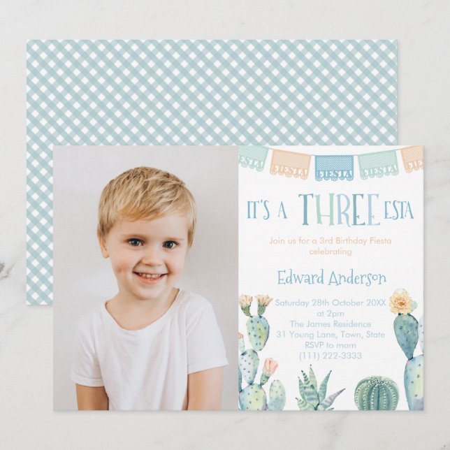 Three-ESTA 3rd Birthday Party Fiesta Photo Invitation (Front/Back)