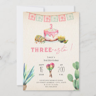 Three Esta Girls Pink Third Birthday Fiesta Invitation