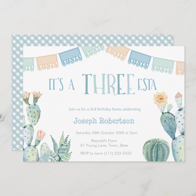 Three-esta - Mexican Fiesta Boy 3rd Birthday Party Invitation (Front/Back)