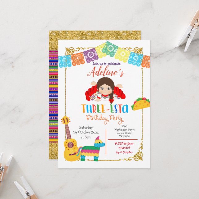 Three-esta Mexican Girl Birthday Invitation (Front/Back In Situ)