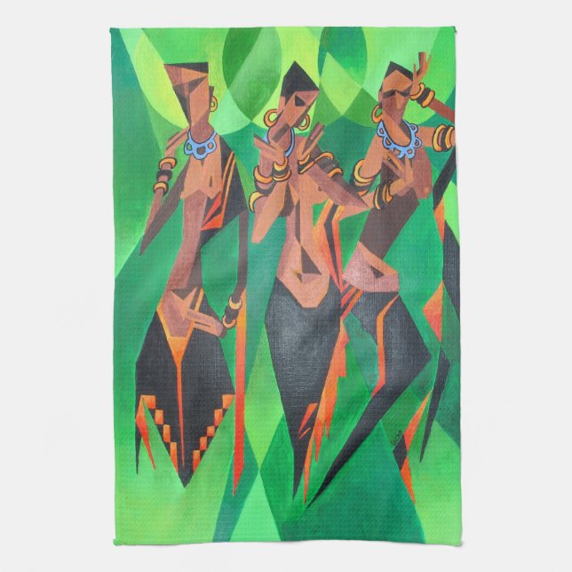 Three Ethnic Traditional Black Women Dancing Kitchen Towel (Vertical)