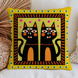 Three-Eyed Black Cats Funky Evil Eyes Maximalist  Throw Pillow