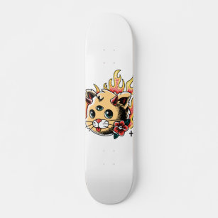Three Eyed Cat Cute Kitten Flames Tattoo Style Skateboard