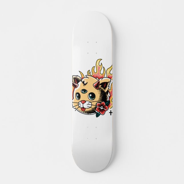 Three Eyed Cat Cute Kitten Flames Tattoo Style Skateboard (Front)