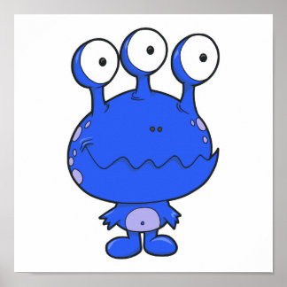 three eyed happy monster blue poster