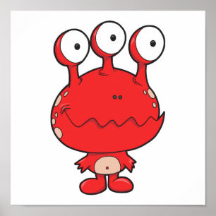 three eyed happy monster red poster