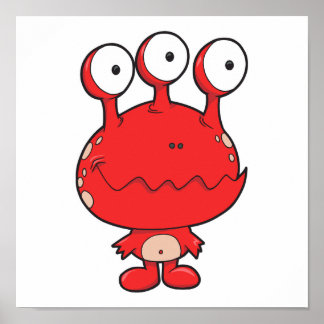 three eyed happy monster red poster