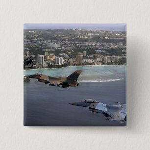 Three F-16 Fighting Falcons fly in formation 2 Inch Square Button