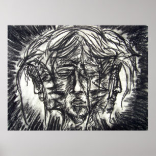 Three Faces of Emotion Charcoal Drawing Poster