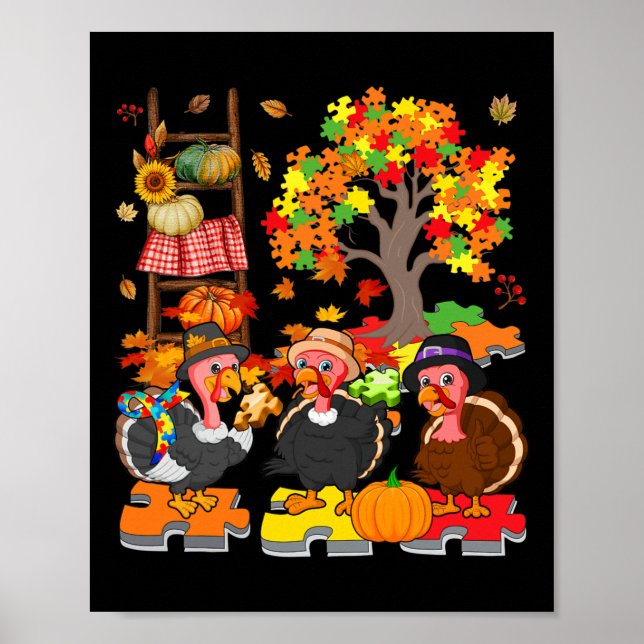 Three Fall Turkey With Autism Awareness Puzzle Pie Poster (Front)