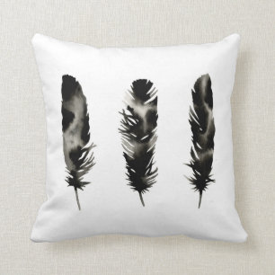 Three Feathers . Modern . Silhouette . Black White Throw Pillow