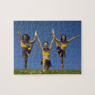 Three female cheerleaders doing formation jigsaw puzzle