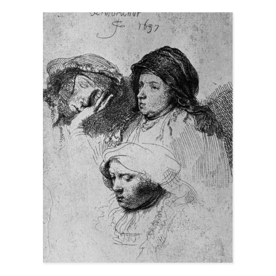 Three female heads with one sleeping, 1637 postcard