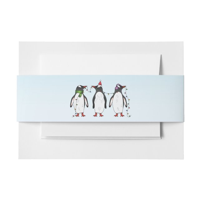 Three Festive Christmas Penguins Illustration Invitation Belly Band (Front Example)