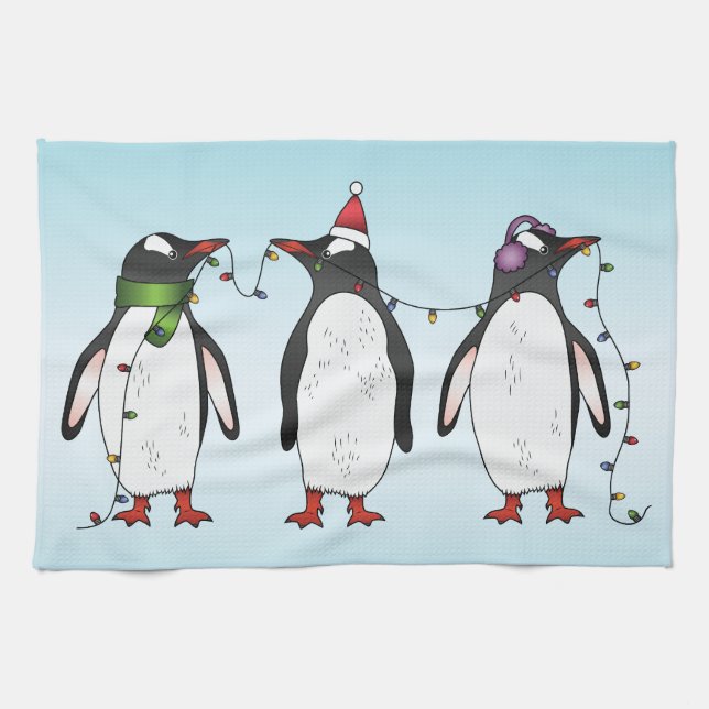 Three Festive Christmas Penguins Illustration Kitchen Towel (Horizontal)