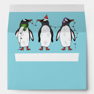 Three Festive Christmas Penguins On Light Blue Envelope