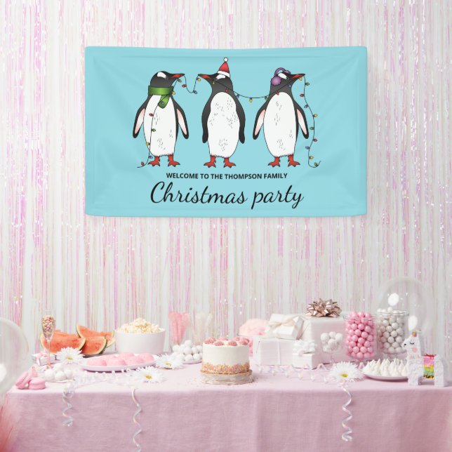 Three Festive Christmas Penguins With Custom Text Banner (Party)