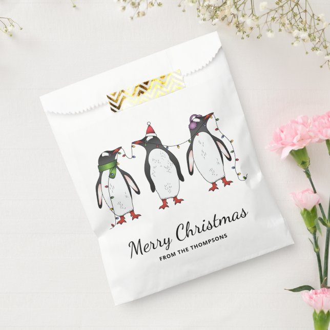 Three Festive Christmas Penguins With Custom Text Favour Bag (Sealed)