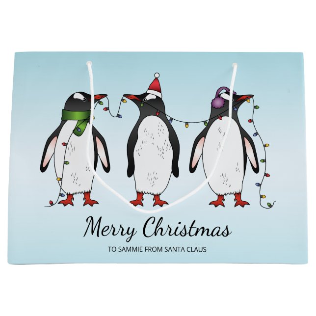 Three Festive Christmas Penguins With Custom Text Large Gift Bag (Front)
