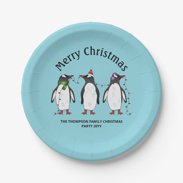 Three Festive Christmas Penguins With Custom Text Paper Plate (Front)