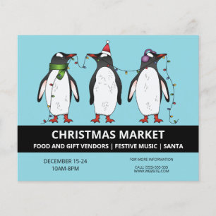 Three Festive Penguins On Blue - Christmas Market Flyer