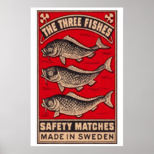 Three Fish Matchbox Art Print, Swedish Vintage Poster