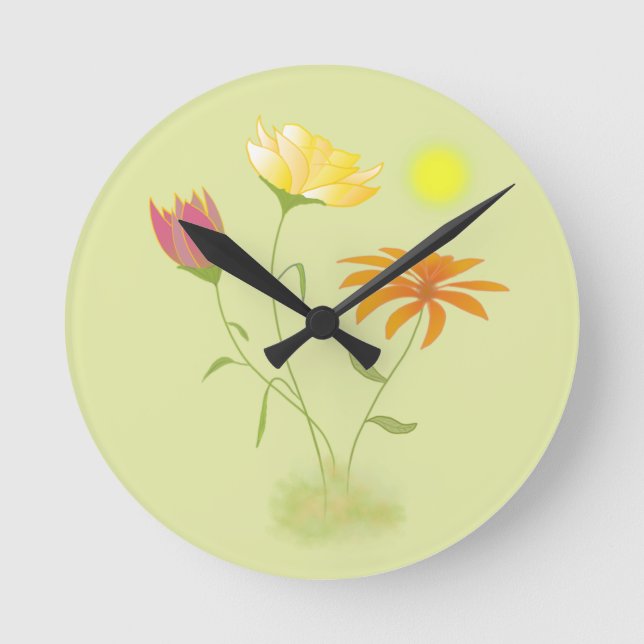 Three Flowers in the Sun - transparent.   Round Clock (Front)