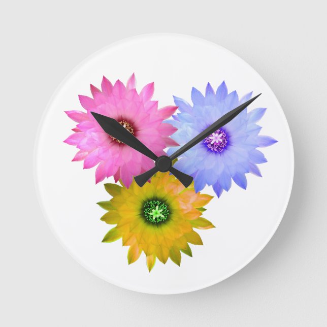 Three flowers of cactus round clock (Front)