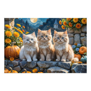Three Fluffy Autumn Kittens with Pumpkins and Mums Photo Print
