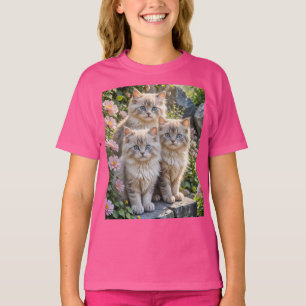 Three Fluffy  Kittens with in pink Mums T-Shirt