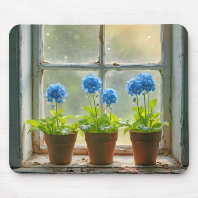 Three Forget-Me-Not Flower Pots In a Window Mouse Pad (Front)