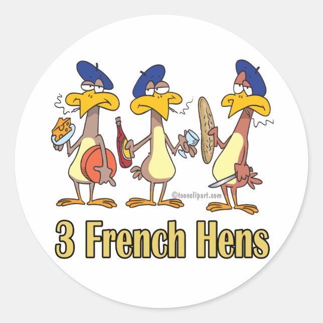three french hens 3rd third day of christmas classic round sticker (Front)