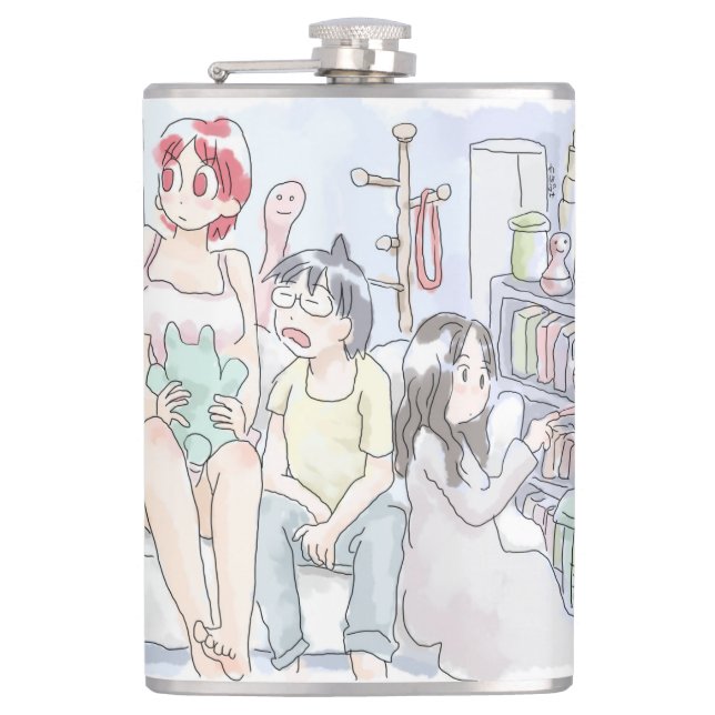 Three friendly illustrations of a woman sitting re hip flask (Front)