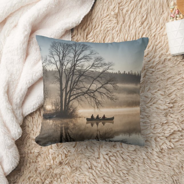 Three Friends Fishing Canoe Serene Lake Throw Pillow (Blanket)