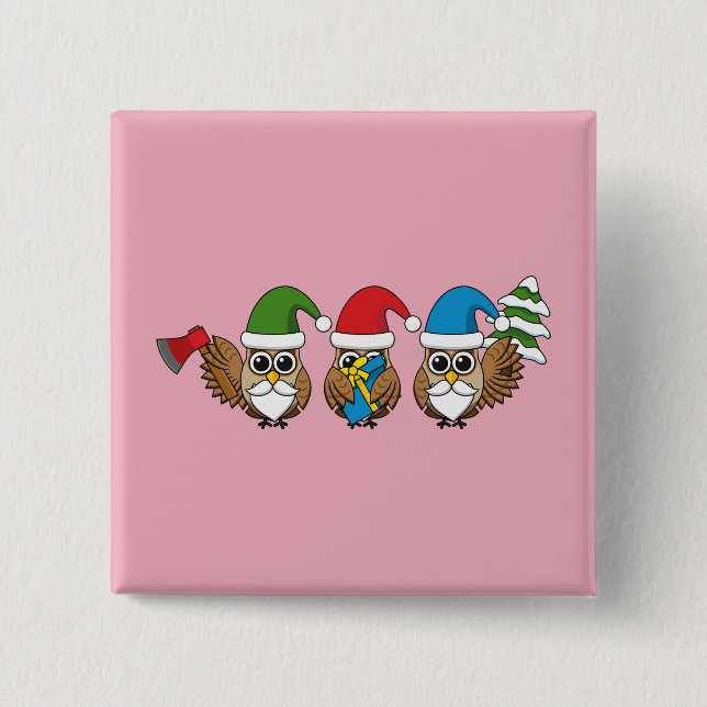Three Funny Christmas Gnome Owls 2 Inch Square Button (Front)