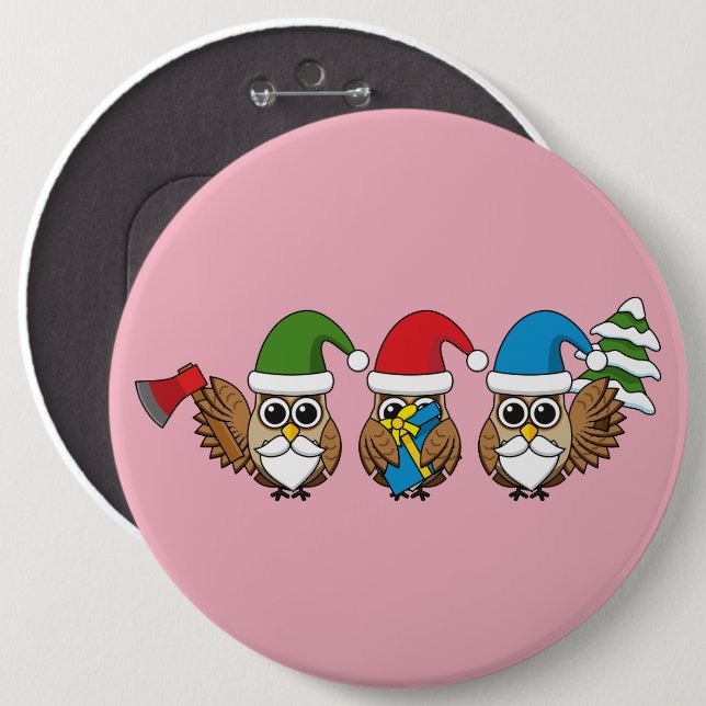 Three Funny Christmas Gnome Owls 6 Inch Round Button (Front & Back)