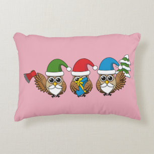 Three Funny Christmas Gnome Owls Accent Pillow