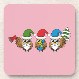 Three Funny Christmas Gnome Owls Coaster