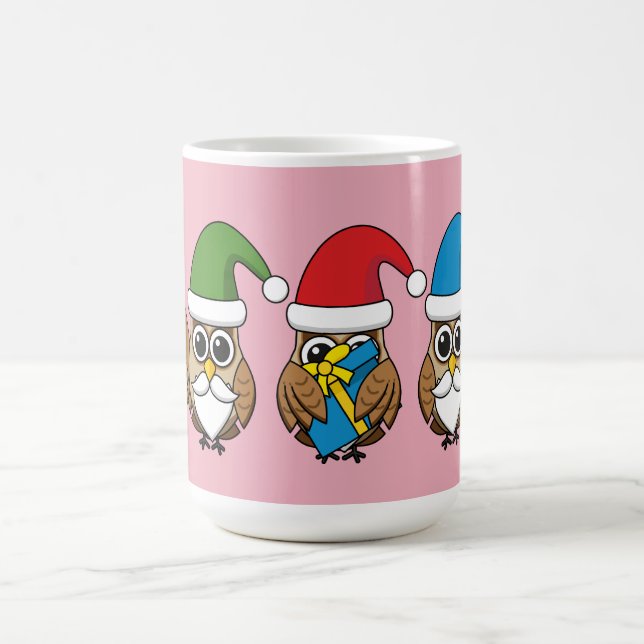 Three Funny Christmas Gnome Owls Coffee Mug (Center)