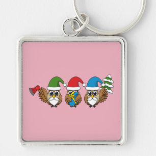Three Funny Christmas Gnome Owls Keychain