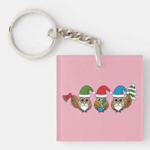 Three Funny Christmas Gnome Owls Keychain
