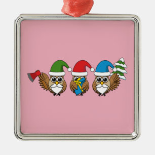 Three Funny Christmas Gnome Owls Metal Ornament