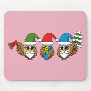 Three Funny Christmas Gnome Owls Mouse Pad