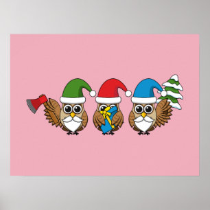 Three Funny Christmas Gnome Owls Poster