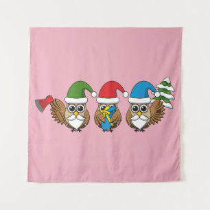 Three Funny Christmas Gnome Owls Tapestry