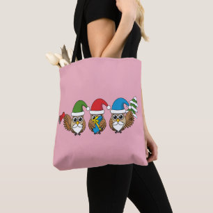 Three Funny Christmas Gnome Owls Tote Bag