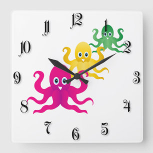 Three funny octopies square wall clock